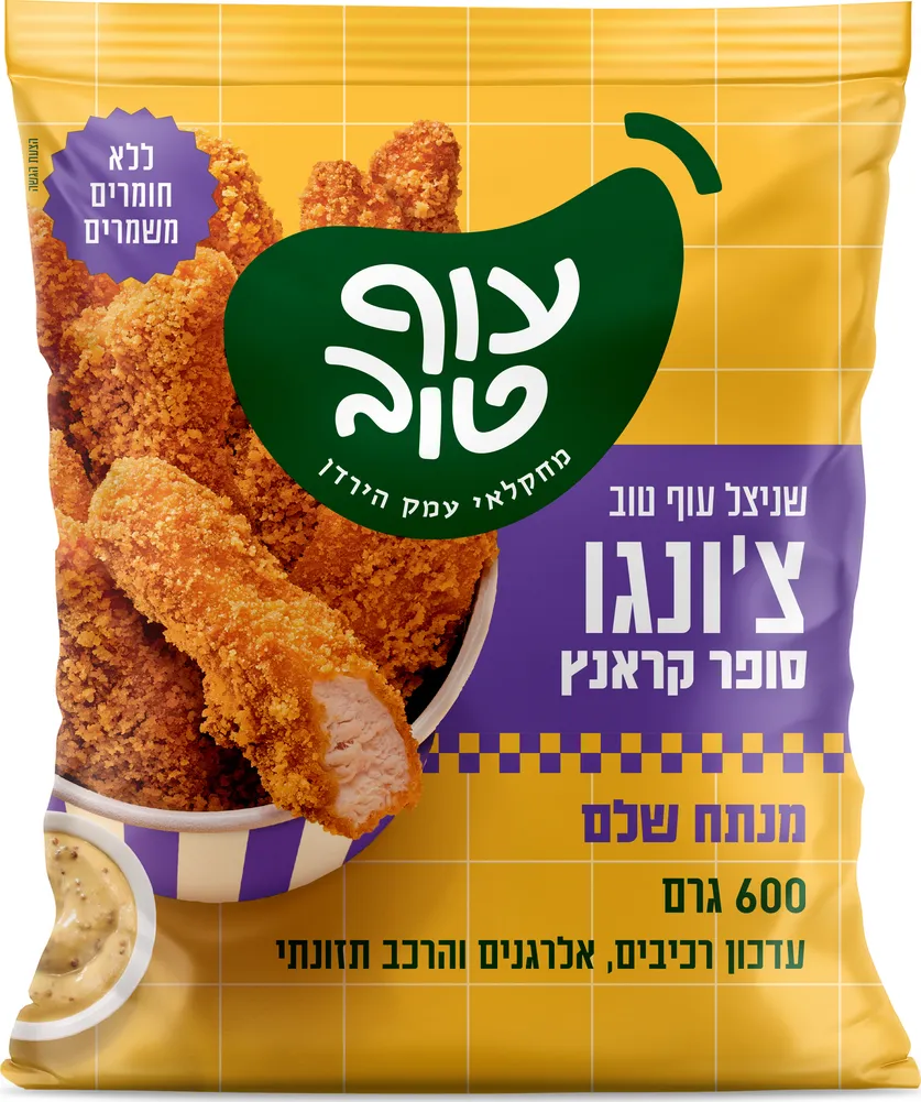 עוף טוב צ'ונגו רצועות שניצל סופר קראנץ 600 גרם.